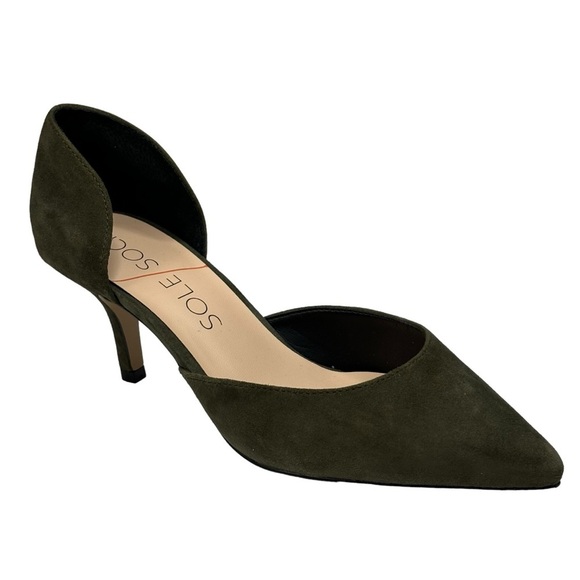 New Sole Society Olive Green Genuine Leather Suede 3” Heeled Pumps Cut Out Sides